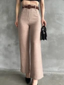 Beli Kemerli Keten Pantolon - KAHVE - 1