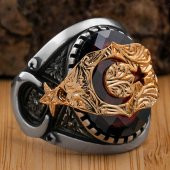 Büyük Oval Kırmızı Zirkon Taşlı Ay Yıldız Tasarımlı 925 Ayar Gümüş Yüzük thumbnail 1