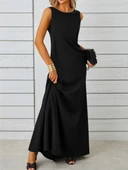 Kadın Kolsuz Kayık Yaka Maksi Janjan Krep Elbise thumbnail 2