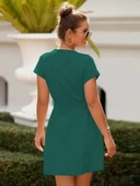 Kadın Kısa Kollu V Yakalı önden Düğmeli Belden Kuşaklı Cepli Sofya Elbise thumbnail 4