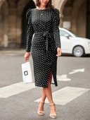 Kadın Uzun Kollu Yuvarlak Yaka Belden Kuşaklı önden Yırtmaçlı örme Krep Elbise thumbnail 5