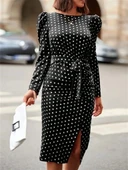 Kadın Uzun Kollu Yuvarlak Yaka Belden Kuşaklı önden Yırtmaçlı örme Krep Elbise thumbnail 1