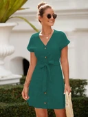 Kadın Kısa Kollu V Yakalı önden Düğmeli Belden Kuşaklı Cepli Sofya Elbise thumbnail 1