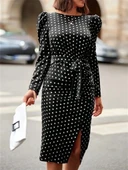 Kadın Uzun Kollu Yuvarlak Yaka Belden Kuşaklı önden Yırtmaçlı örme Krep Elbise thumbnail 4