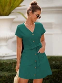 Kadın Kısa Kollu V Yakalı önden Düğmeli Belden Kuşaklı Cepli Sofya Elbise thumbnail 2
