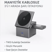 Manyetik Kablosuz 3 ü 1 Arada Şarj İstasyonu 15W Hızlı Şarj, Telefon, Kulaklık ve Akıllı Saat Uyumlu - 1