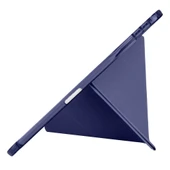 iPad Pro 11 inç M4 2024 Uyumlu Kılıf Üçgen Katlanabilir Kalem Şarj Bölmeli Kılıf A2836 A2837 A3006  Lacivert - 6