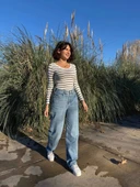 V yaka çizgili bluz beyaz A3699 - 4