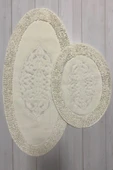 Mood Halı Oval Pamuk Makarna Damaks 2'li Klozet Takımı Banyo Paspas Seti Beyaz - 3