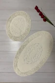 Mood Halı Oval Pamuk Makarna Damaks 2'li Klozet Takımı Banyo Paspas Seti Beyaz - 1
