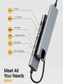 8in1 Aluminium PD100W Hızlı Şarj 4K 1xEthernet 1xHDM 2xUSB 2xType-C TF/SD Usb Çoklayıcı Çevirici thumbnail 2