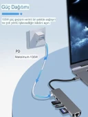 8in1 Aluminium PD100W Hızlı Şarj 4K 1xEthernet 1xHDM 2xUSB 2xType-C TF/SD Usb Çoklayıcı Çevirici thumbnail 6