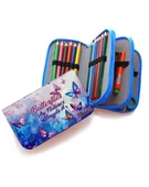 Kalem Kutusu Kelebek Kawai Organizer Kalemkutu Vegan Deri Üç Bölmeli Kalemlik -Mavi thumbnail 3