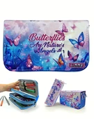 Kalem Kutusu Kelebek Kawai Organizer Kalemkutu Vegan Deri Üç Bölmeli Kalemlik -Mavi thumbnail 1