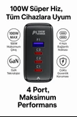 100W GaN+ 4 Port Hızlı Şarj Adaptörü 3 USB-C  1 USB-A Laptop Telefon Tablet Uyumlu - 3