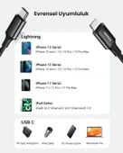 UGREEN USB-C - Lightning 3A PD MFi Sertifikalı Hızlı Şarj Kablosu, 2 m, Siyah, 60752 - 3
