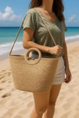 Doğal Hasır Düğmeli Bej Şeritli El Yapımı Plaj Çantası thumbnail 1