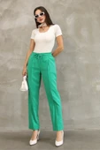 Bağlama Detaylı Beli Lastikli Kumaş Pantolon 6171-Yeşil thumbnail 1