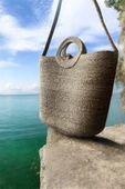 Doğal Hasır Düğmeli Bej Şeritli El Yapımı Plaj Çantası thumbnail 3