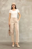 Bağlama Detaylı Beli Lastikli Kumaş Pantolon 6171-Vizon thumbnail 2