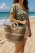 Doğal Hasır Düğmeli Krem Şeritli El Yapımı Plaj Çantası thumbnail 1