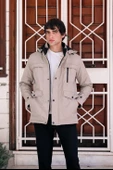 Erkek Krem Pamuk Polyester Karışımlı Kürklü Çıkartılabilir Kapüşonlu Mont&Kaban - 2