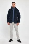 Erkek Lacivert Standart Fit Normal Kesim İçi Kürklü Sabit Kapüşon Dik Yaka Mont - 3