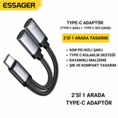 Essager 60W Şarj 2in1 Type-C to Type-C Dönüştürücü Çevirici Çoklayıcı Hızlı Şarj Type-C Kulaklık Çıkışı, Hifi Ses ve Hızlı Şarj Adaptörü - 1