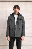 Erkek Gri Pamuk Polyester Karışımlı Kürklü Çıkartılabilir Kapüşonlu Mont&Kaban thumbnail 2