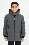 Gri Erkek Çocuk Sabit Kapüşonlu Şişme Deri Karışımlı Kumaş Mont&Kaban - 1