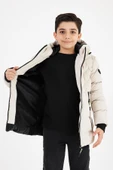 Krem Erkek Çocuk Sabit Kapüşonlu Şişme Deri Karışımlı Kumaş Mont&Kaban - 3
