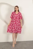 Viskon Palmiye Desenli Elbise-Fuşya thumbnail 1
