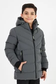 Gri Erkek Çocuk Sabit Kapüşonlu Şişme Deri Karışımlı Kumaş Mont&Kaban - 2