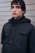 Erkek Siyah Pamuk Polyester Karışımlı Kürklü Çıkartılabilir Kapüşonlu Mont&Kaban thumbnail 3