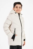 Krem Erkek Çocuk Sabit Kapüşonlu Şişme Deri Karışımlı Kumaş Mont&Kaban - 4