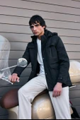 Erkek Siyah Pamuk Polyester Karışımlı Kürklü Çıkartılabilir Kapüşonlu Mont&Kaban thumbnail 4