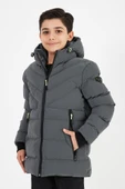 Gri Erkek Çocuk Sabit Kapüşonlu Şişme Deri Karışımlı Kumaş Mont&Kaban - 4
