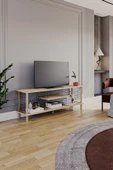 PEKA Tv Sehpası Raflı Tv Ünitesi Televizyon Sehpası Ahşap Ayaklı Metal Bölmeli - Safir Meşe thumbnail 3