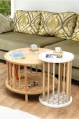 PEKA İkili Set Yuvarlak Orta Sehpa Ahşap Ayaklı Sehpa Iki Raflı Sehpa Dekoratif Sehpa Gazetelikli thumbnail 1