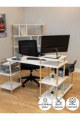 PEKA Çalışma Masası 5 Raflı Ahşap Ayaklı Dekoratif Modern Bilgisayar Ofis Masası - Beyaz - Köşe thumbnail 1