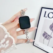 Apple Watch Seri Ultra 1 2 49mm Çiçekli ve Kalp Zincir Detaylı Bileklik Tasarım Kordon  Gümüş thumbnail 6