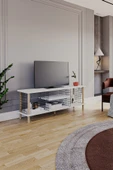 PEKA Tv Sehpası Raflı Tv Ünitesi Televizyon Sehpası Ahşap Ayaklı Metal Bölmeli - Beyaz thumbnail 3
