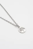 Yuvarlak Hayat Ağacı Düz Ezme Zincir Kolye - Antik Gümüş Kaplama - Kadın Erkek - 60 cm thumbnail 2