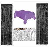 Mor Masa Örtüsü, Gümüş Masa Eteği, 2 Siyah Arka Fon thumbnail 1