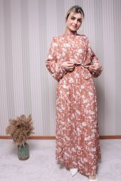 Şifon Kahve Desenli Pileli Uzun Kadın Tesettür Elbise - 1