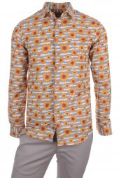 Papatya Yaprak Çiçek Baskılı Gri DPD182 Slimfit Spor Erkek Gömlek - 1