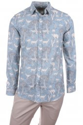Tavşan Geyik Boynuz Hayvan Baskılı Mavi DPD145 Spor Erkek Gömlek - 1