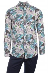 Hawaii Yaprak Ada Baskılı Mavi DPD103 Pamuklu Spor Erkek Gömlek - 1