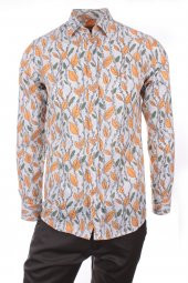 Sarmaşık Bahar Dal Baskılı Sarı DPD102 Pamuklu Spor Erkek Gömlek - 1