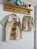 Çocuk Yazlık Takım – Palmiye Desenli Kahverengi & Beyaz - 2